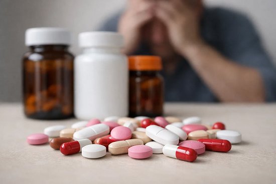На переднем плане таблетки и лекарства, на заднем мужчина